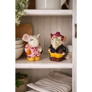 Salt & Pepper Vintage Ceramic Elephant Couple Figurines – Hand-Painted Decor Set
